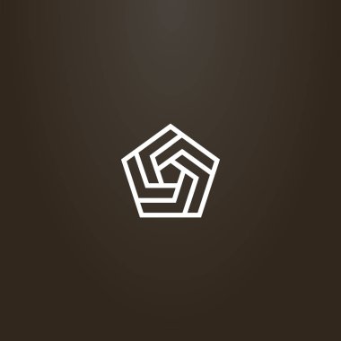 Siyah arka planda beyaz tabela. Birkaç parçanın sarmal beşgeninin vektör çizgisi geometrik işareti