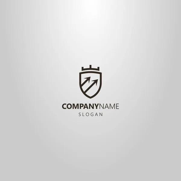 black and white simple vector line art geometric logo of shield with two diagonal rising arrows and a crown
