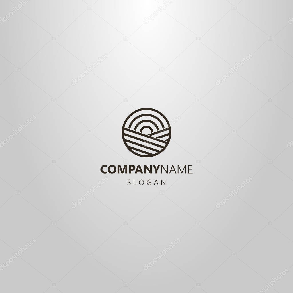 black and white simple vector line art geometric logo of sun rising over a field in a round frame