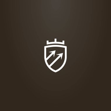 Siyah arka planda beyaz tabela. vektör çizgisi, kalkanın geometrik işareti, iki köşegen yükselen ok ve bir taç.