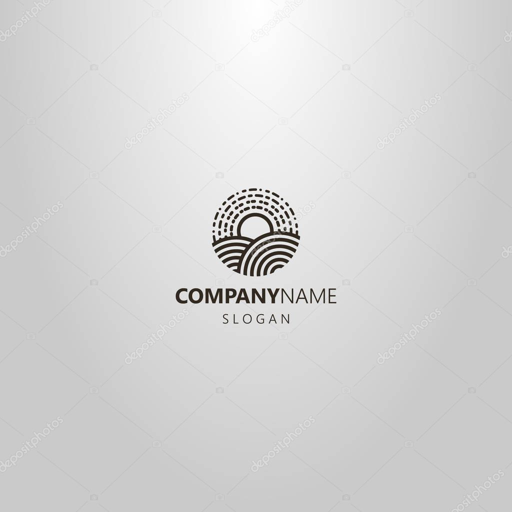 Black and white simple vector line art round logo of the rising sun over two hills
