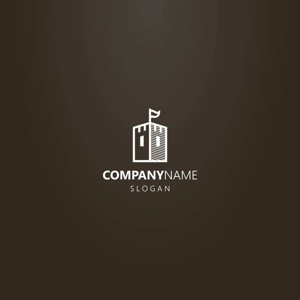 siyah arka plan üzerinde beyaz logo. üstünde bayrak olan bir ortaçağ kulesinin basit vektör çizgisi sanat logosu