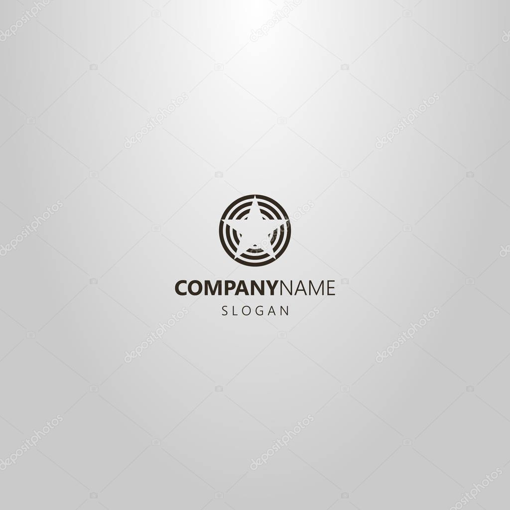black and white simple vector flat art logo of a striped circle with a negative space star inside