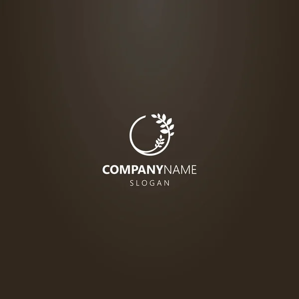 siyah arka plan üzerinde beyaz logo. yaprakları veya çelenk ile bir bitkinin yuvarlak bir dalı basit vektör logosu