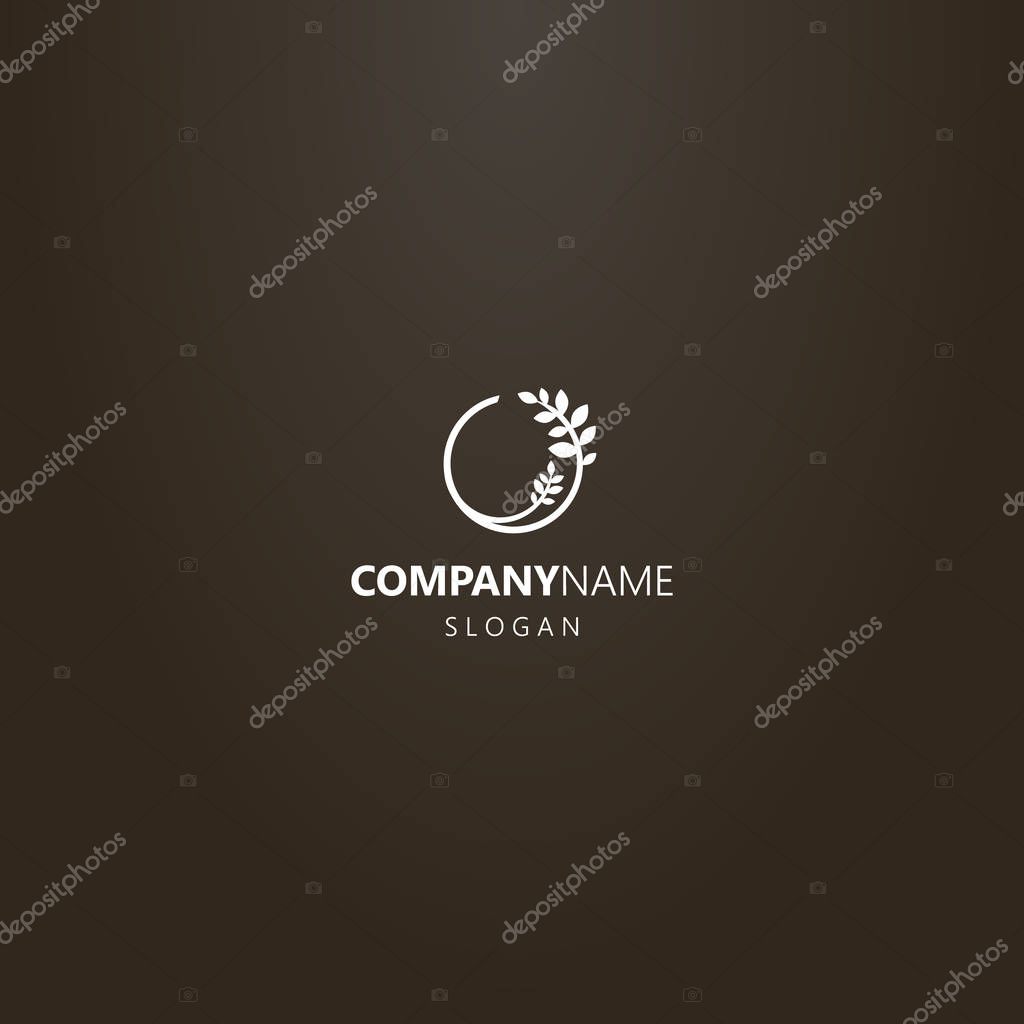 White logo on a black background. simple vector logo of a round branch of a plant with leaves or a wreath