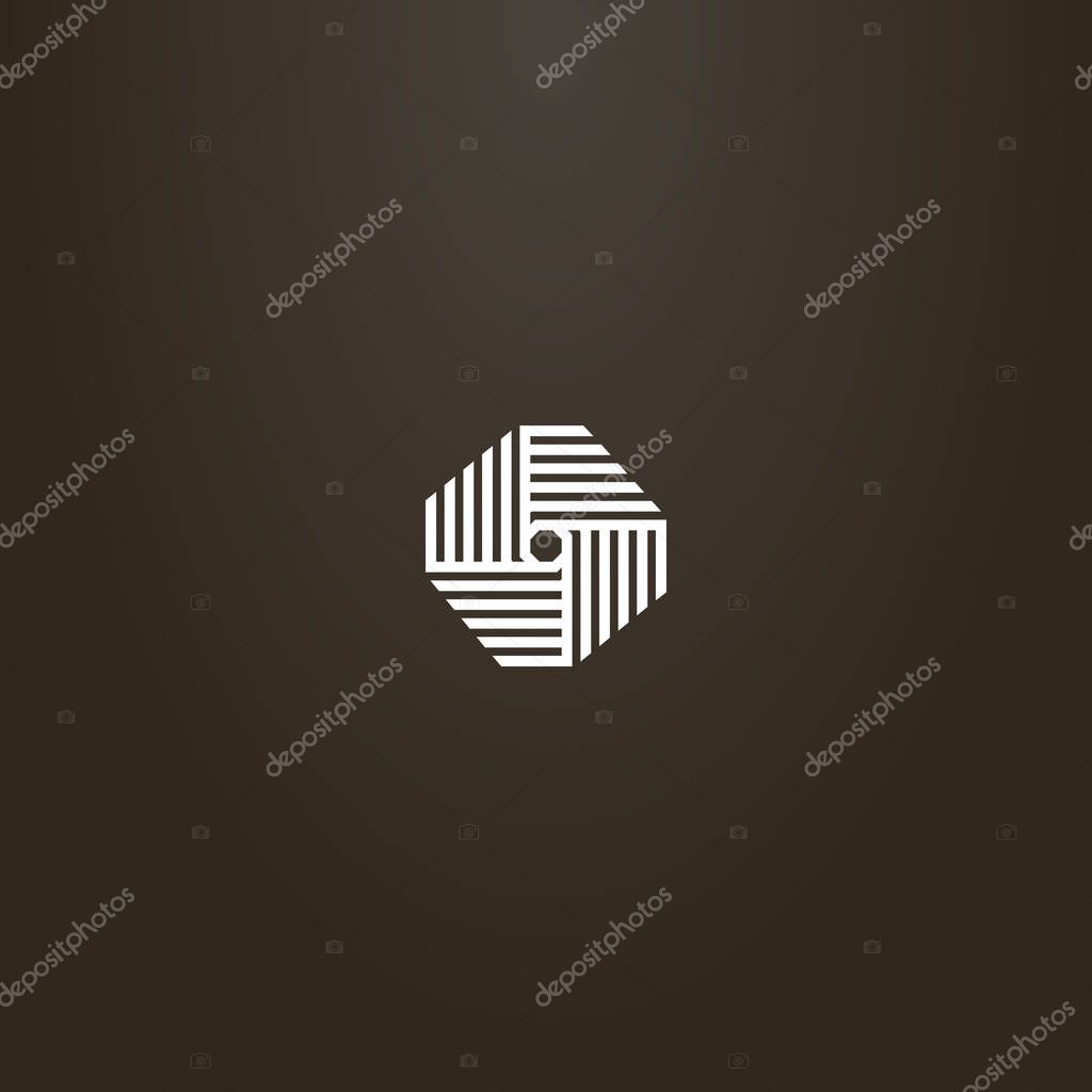 White sign on a black background. simple vector geometric line art sign of an striped octagon assembled in four parts
