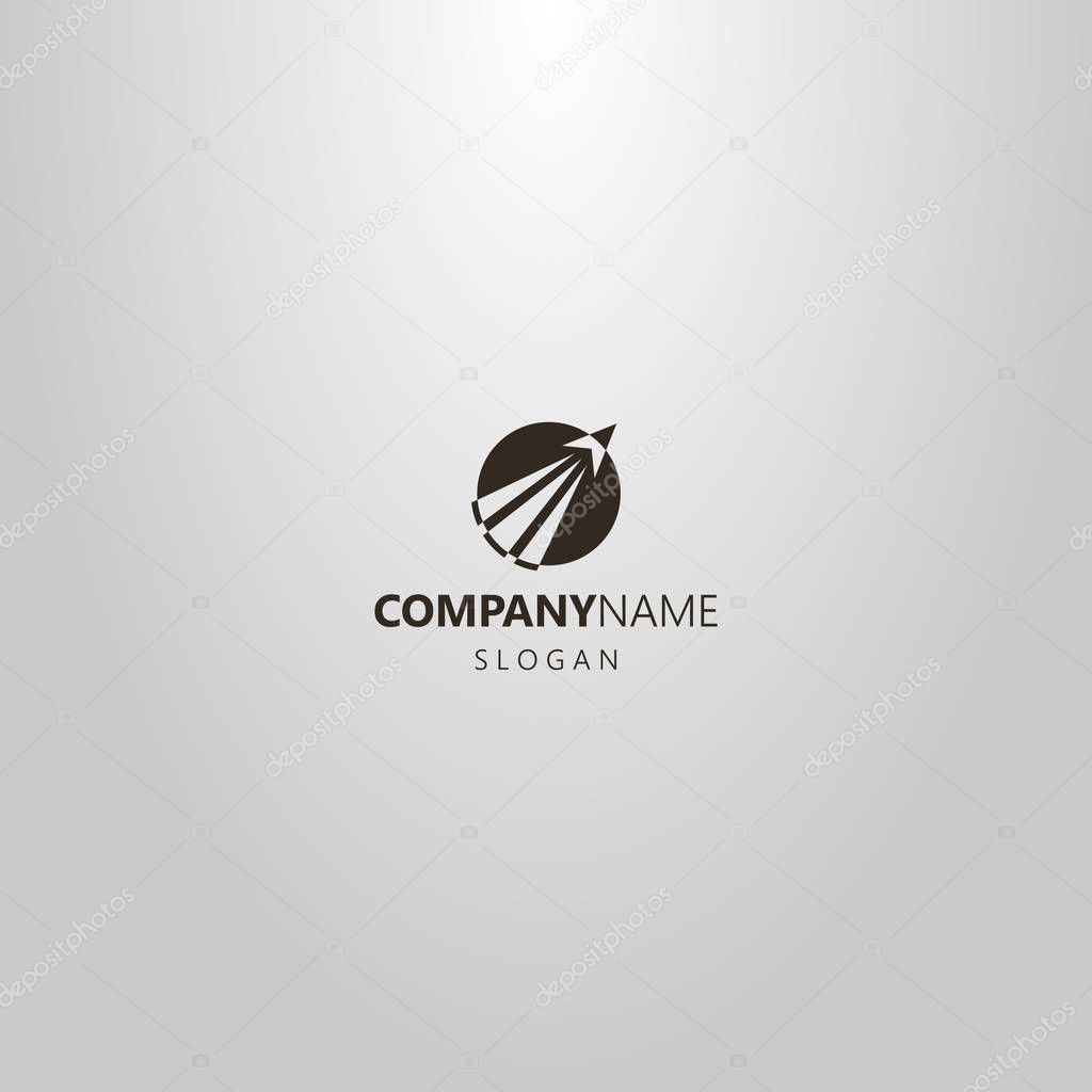 Black and white simple flat art vector round negative space logo of a take-off rocket going beyond