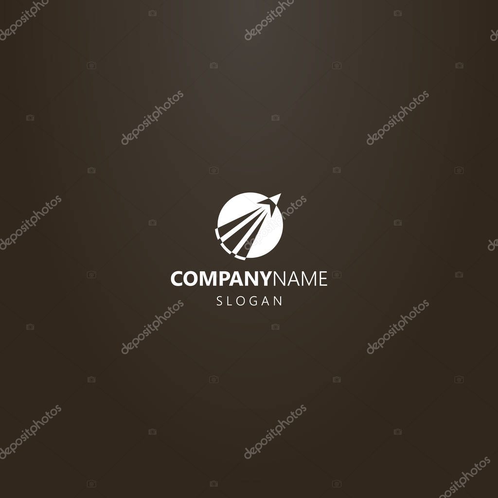 White logo on a black background. simple flat art vector round negative space logo of a take-off rocket going beyond
