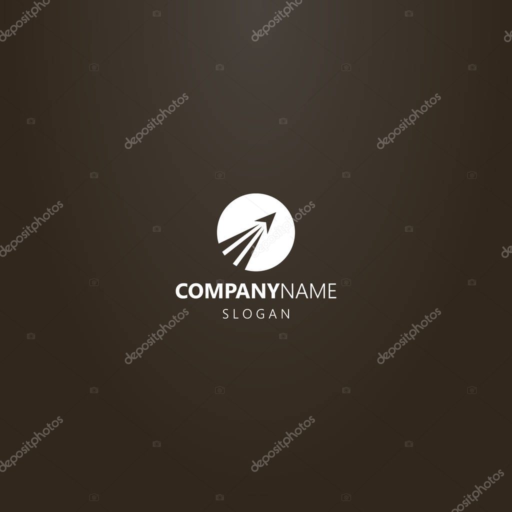 White logo on a black background. simple vector round negative space logo of a rocket taking off