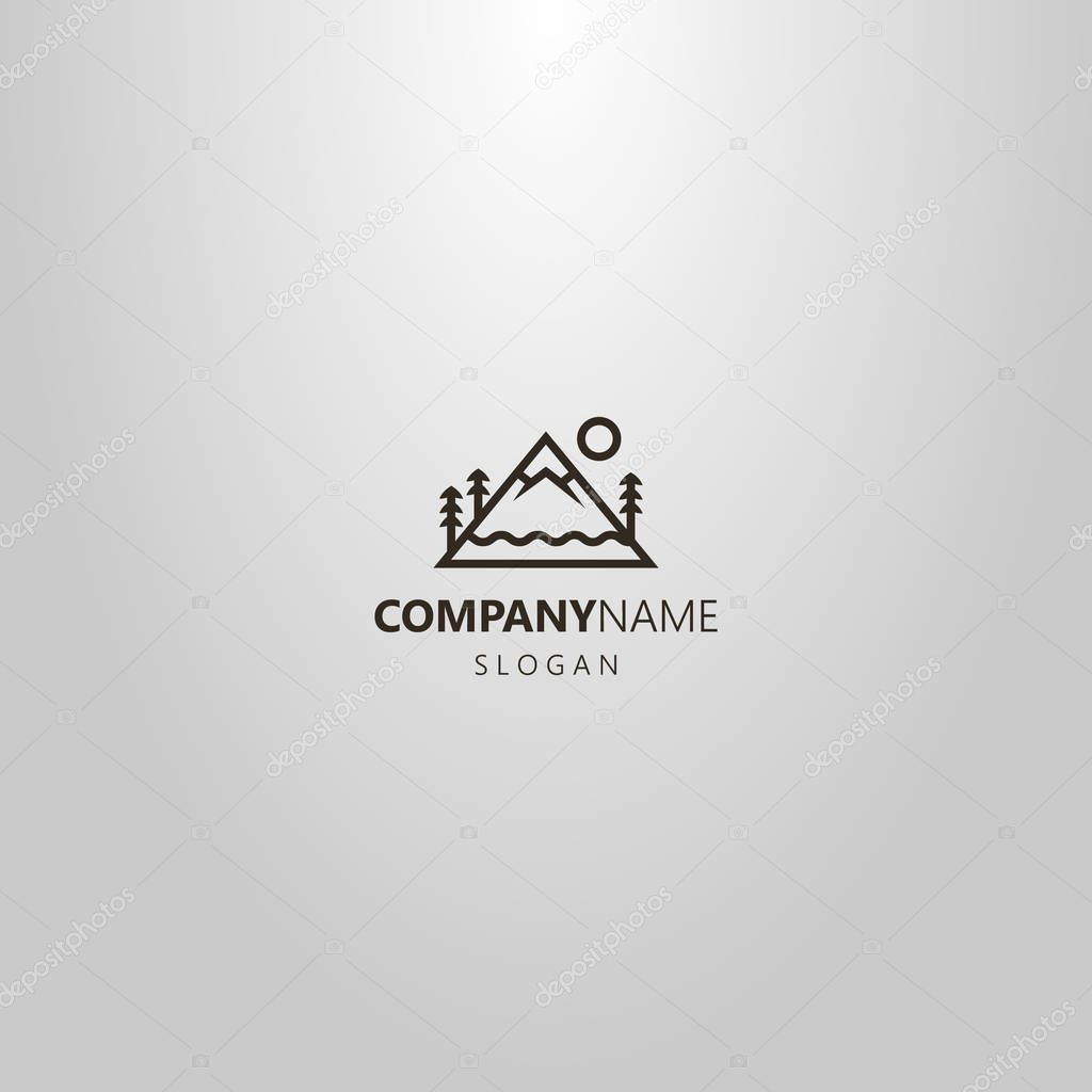 Black and white simple vector line art logo of a triangular mountain with snowy peak, sun, trees and water waves