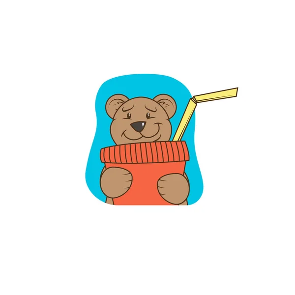 Простой Цветной Плоский Рисунок Смешного Медведя Бумажной Чашкой Которой Торчит — стоковый вектор