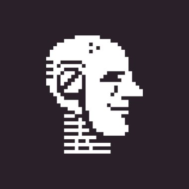 siyah ve beyaz basit 1 bit piksel resim yapay zeka ikonu. insansı robot kafası