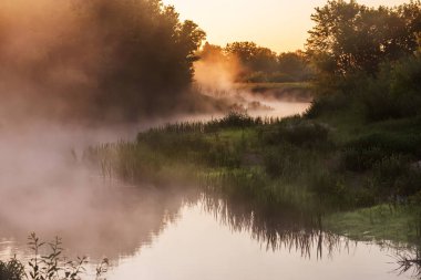 güzel misty sabah Nehri üzerinde.