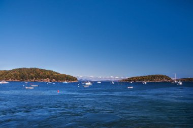 Atlantik Okyanusu ve küçük adalar, birçok botları suya Körfezi. Atlantik Okyanusu kıyısında. Amerika Birleşik Devletleri. Maine