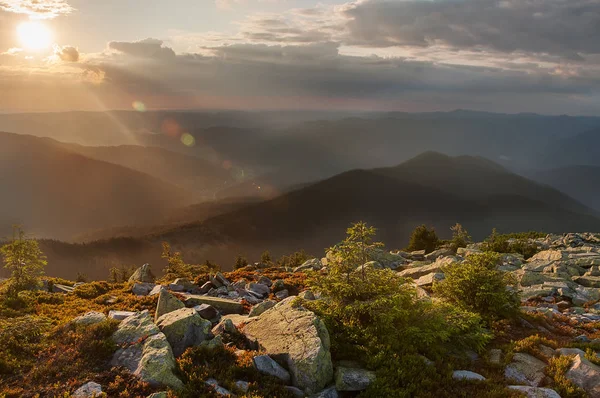 Mesafe dağlarda günbatımı manzara. Dağlar, ön planda moss-grown taşlarının büyük bloklar doruklarına karanlık siluetleri. Dağlık manzara.
