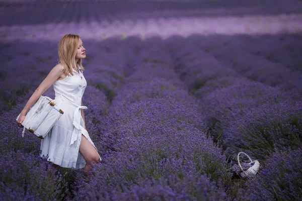 Gadis Dengan Koper Vintage Putih Ladang Lavender Bidang Tak Berujung — Stok Foto