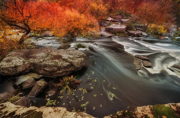 Fiume Veloce Che Scorre Tra Pietre Gli Alberi Autunnali Vista — Foto Stock