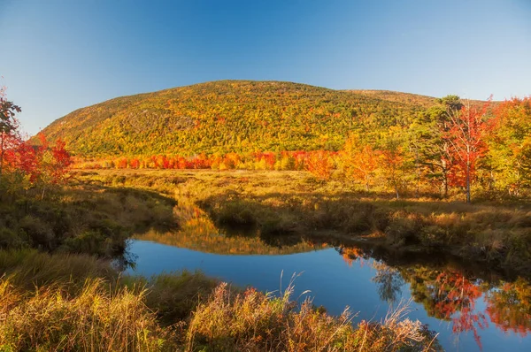 Ein See Zwischen Den Hügeln Mit Leuchtend Bunten Herbstbäumen Sonniger — Stockfoto