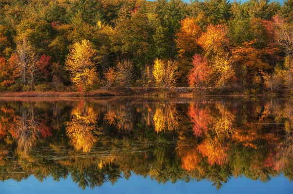 Lago Tra Colline Con Alberi Autunnali Colorati Luminosi Giornata Sole — Foto Stock