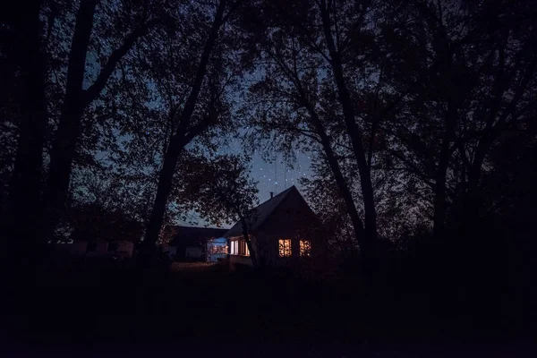 Orman arasında yıldızlı gökyüzü altında parlak penceresi olan küçük rahat ev. gece fotoğraf.