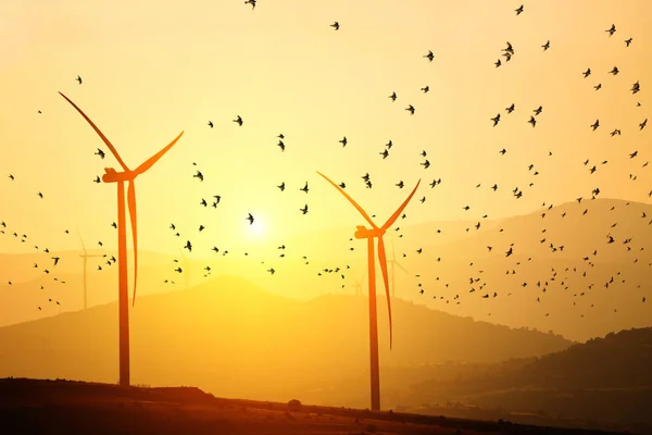 Générateurs Énergie Éolienne Sur Fond Silhouettes Sommets Montagneux Troupeau Oiseaux — Photo