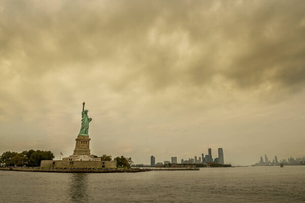 View of the city of New York and the statue of liberty. and the bay. New York.