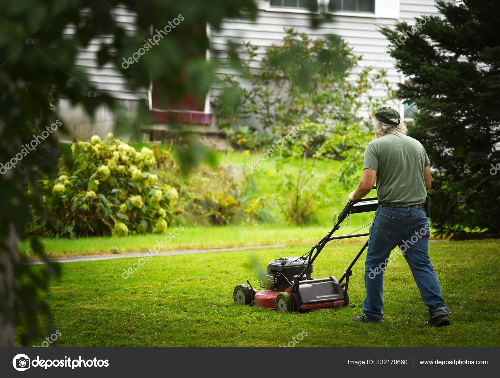 Man Mowing Lawn His House Lawnmower Stock Photo annavalerievna1 232170660