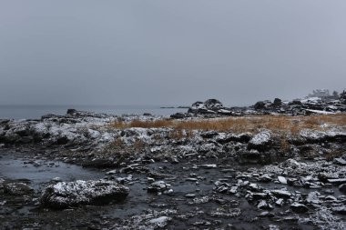 Atlantik Okyanusu'nun kayalık sahil karla kaplı. Kasvetli kış Atlantik Okyanusu. Amerika Birleşik Devletleri. Maine.