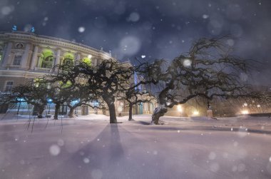 Gece şehirde kar fırtınası. Opera ve Bale Tiyatrosu. Odessa. Ukrayna.
