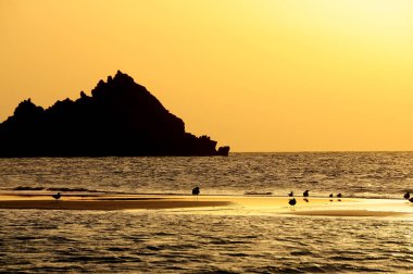 Hint Okyanusu üzerinde vahşi bir plajda gün batımı. Golden sunset paradise Island beach.