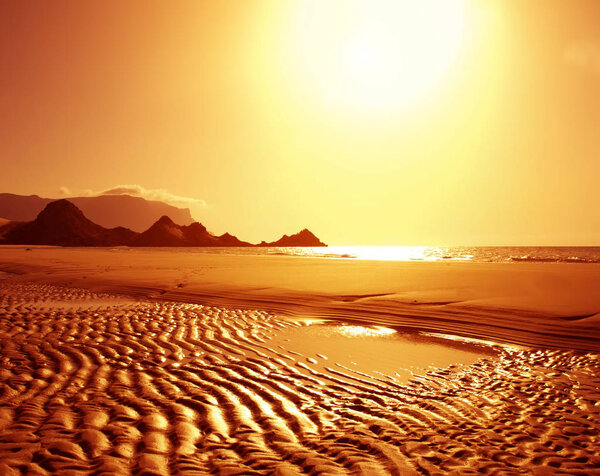 Sunset on a wild beach on the Indian Ocean. Golden sunset on the paradise island beach.