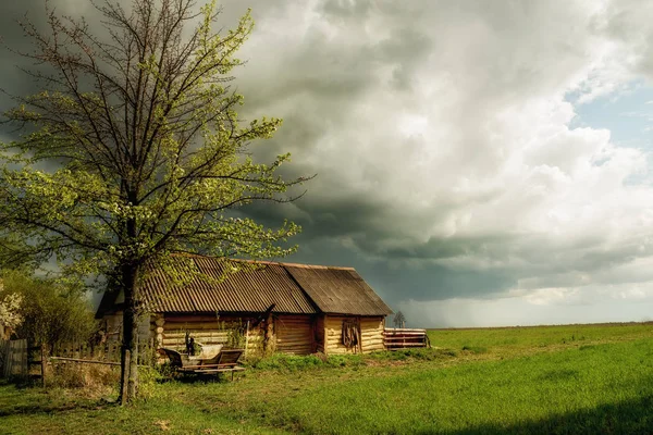 古い丸太小屋と古いカート 田舎のヴィンテージレトロな景色 ウクライナの村 — ストック写真