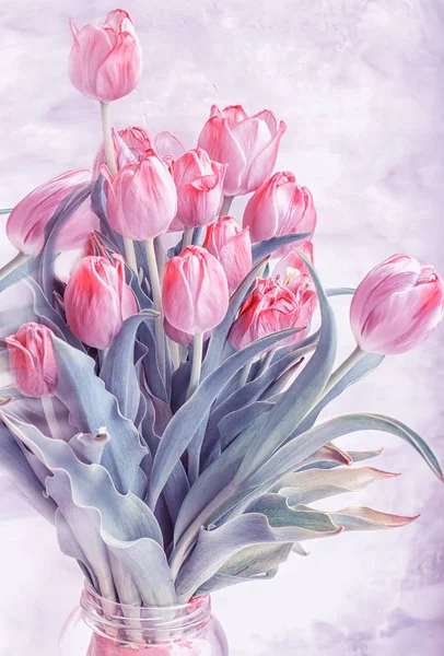 Art Photo Beautiful Bouquet Tulips Gray Background — Stock Photo, Image