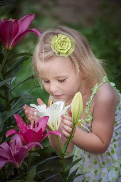 Niña Huele Admira Las Grandes Flores Lirio Jardín Enfoque Suave — Foto de Stock