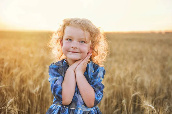 Hafif güneş ışığında altın bir buğday alanında küçük sevimli kıvırcık saçlı kırmızı saçlı kız.
