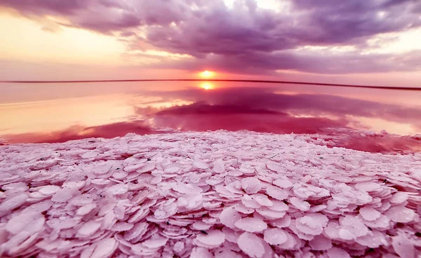 Unique salt lake with pink water and salt at sunset. Magnificent reflection of clouds in the pink water of a salt lake.