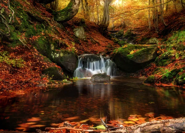 Small creek waterfall in a beautiful deciduous autumn forest. Bright autumn leaves on stones covered with moss by the river. Beautiful autumn landscape. Long exposure.