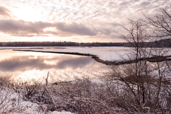 Zimní Krajina Jezero Mezi Sněžným Polem Lesem Při Západu Slunce — Stock fotografie