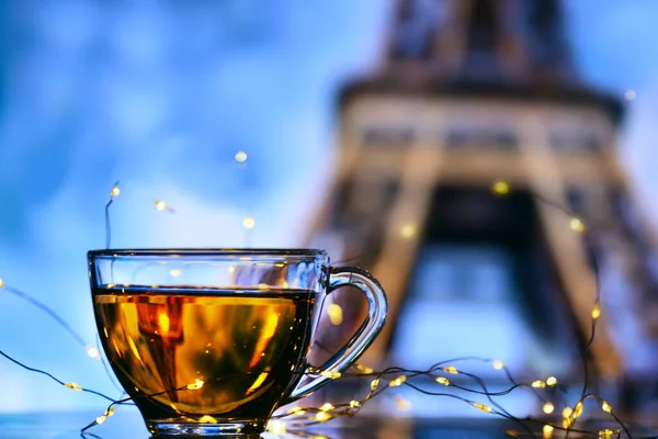 Transparent Cup Tea Background Silhouette Eiffel Tower Travel Atmosphere — Stock Photo, Image