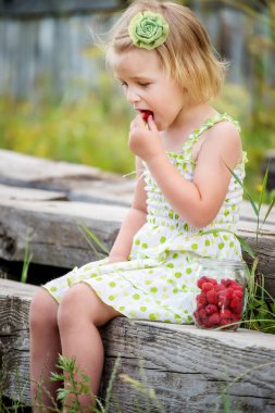 Kız tahtalara oturur ve kavanozdan ahududu yer. Kırsalda yaz.