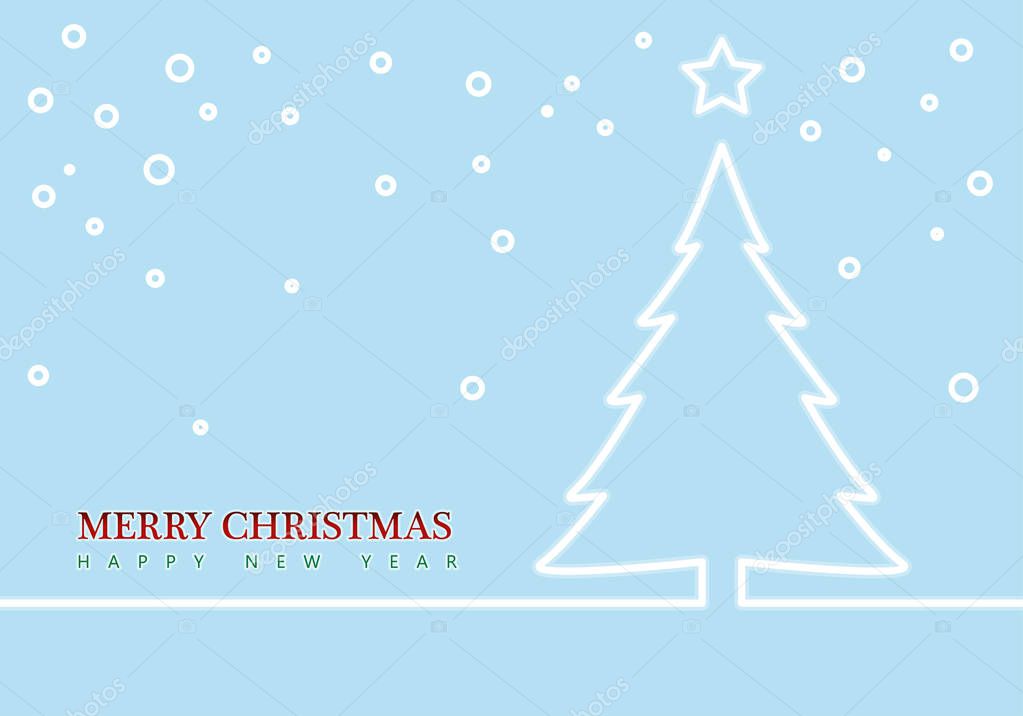 Outline Christmas tree and Stars. Christmas greeting card. Minimal abstract background. Vector illustration.