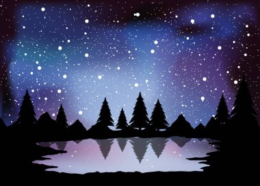 gece çam ormanı manzara illüstrasyon - Vektör