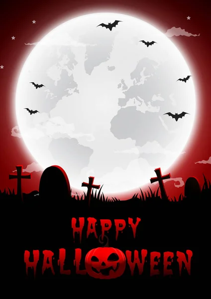 Noche de Halloween fondo rojo, lápidas y luna llena. Vector — Archivo Imágenes Vectoriales