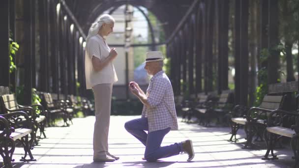 Senior man proposing his girlfriend with ring — Stock Video