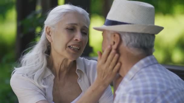 Feliz mujer mayor abrazándose con el marido al aire libre — Vídeos de Stock