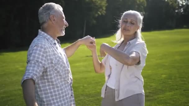 Feliz pareja de ancianos bailando al aire libre en el césped — Vídeos de Stock