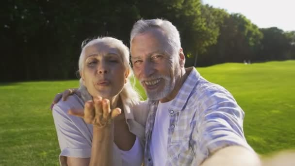 Hermosa pareja de ancianos haciendo selfies al aire libre — Vídeo de stock