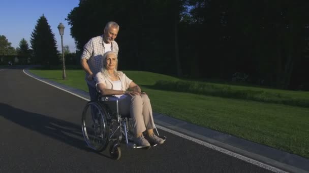 Amor real de casal sênior com esposa paralisada no parque — Vídeo de Stock