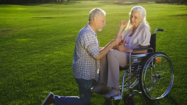 Senior mannen på knä förslagsställande kvinna på rullstol — Stockvideo