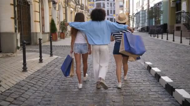 Alışveriş çeşitli moda kız arkadan görünüm — Stok video